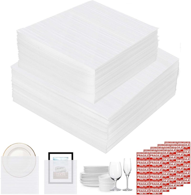 Ickimee 200pcs Cushioning Foam Pouches Moving Supplies, 2 Sizes (16x16inch,12x12inch) Use Packing Supplies for Moving, Packaging, Storage Incidental 100 Fragile Stickers, clear - Image 1